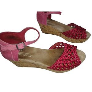 TOMS Red Pink Crochet Leather Ankle Cork Wedge Heels Sandals Size 6.5
